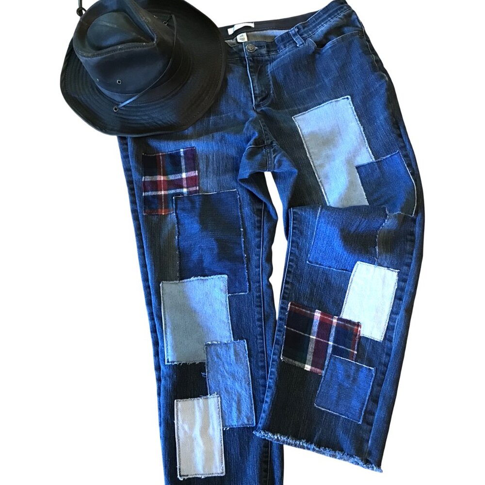 Upcycled Patchwork Jeans, Reworked Plaid Flannel Patch Pants Frayed Size 16